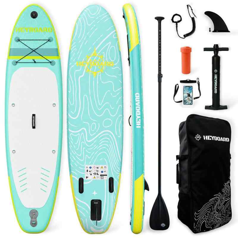 HeyBoard supボード スタンドアップパドルボード supインフレータブル パドルボード 安定性 滑り止め 初心者 SUPセット 320cm(長さ)×81cm(幅)×15cm(厚さ) Dリング付き(ミントグリーン・イエロー)