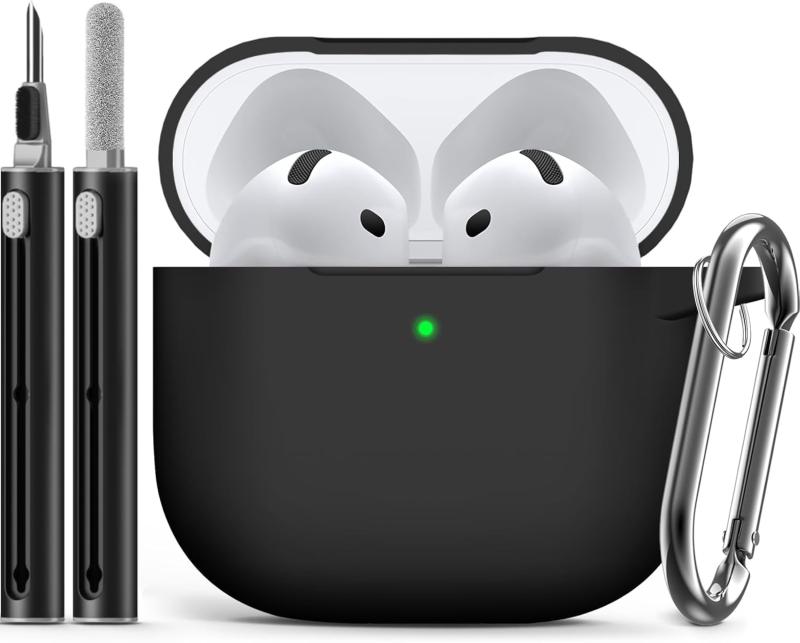 Rakuten - Inesore for AirPods4 ケース (2024) カラビナ & クリーニングペン付き、シリコン素材/全面保護/耐衝撃/強力な落下防止、エアーポッズ 第4世代対応保護カバー -ブラック