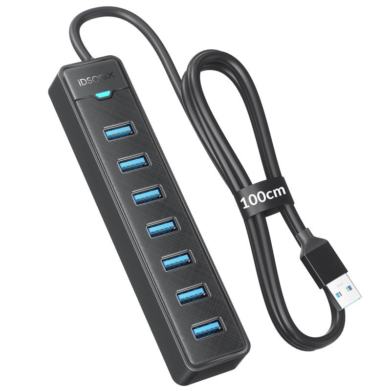 iDsonix 7ポート USB ハブ 3.0 [1m ケーブル] USB 拡張ハブ 高速5Gbps データ送信、USB マルチポート アダプタ、usb3.0 ハブ ロングケーブル PC、ノートパソコン、フラッシュドライブ、モバイルハード🖥️USB ポートの拡張: iDsonix 7 ポート USB 3.0 ハブ スプリッターを使用すると、1 つの USB ポートを 7 つに簡単に変換でき、USB フラッシュ ドライブ、マウス、キーボード、プリンターなどの USB 周辺機器を接続するのに十分なスペースを確保できます。🚀 超高速データ転送: USB スプリッター 3.0 アダプターは、USB 2.0 の 10 倍以上である最大 5 Gbps の高速データ転送をサポートします。 つまり、大きなファイルや HD ムービーを数秒で転送できるということです。🧠 スマートチップ: iDsonix の独自の表面技術である USB ハブのデスクトップに統合されたスマートチップは、過電流、過電圧、短絡、高温を防止し、安定したデータ伝送をし、貴重なデータを保護します。✅ プラグアンドプレイ&amp;ポータブル: これは、コンピューターに接続するだけですぐに使用できることを意味し、ドライバーやソフトウェアは必要ありません。 コンパクトなサイズなので、どこにでも気軽に持ち運べます。 18 か月のと生涯技術サポートにより、当社の製品の品質を信頼していただけます。🎮 幅広い互換性: USB ハブ 3.0 は、Windows 10、8、7、Vista、XP、Mac OS X 10.6-10.12 以降、および Linux 2.6.14 以降を実行しているラップトップおよびデスクトップと互換性があります。