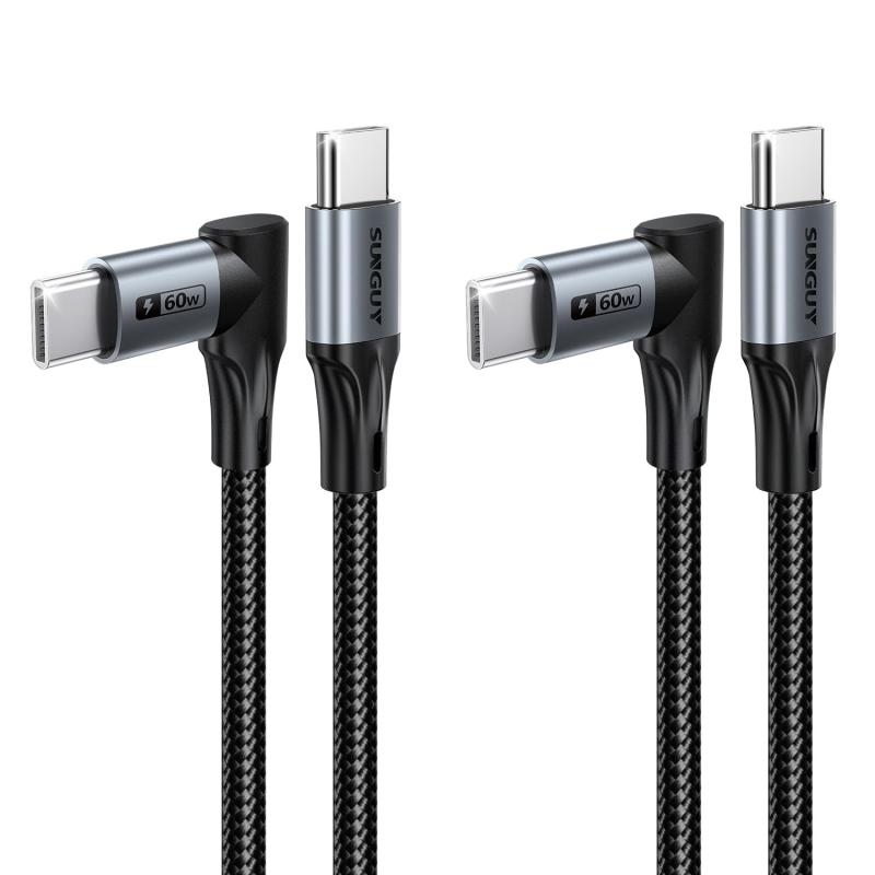 SUNGUY直角USB C-USB Cケーブル0.3M [二本組]、長めのL 字 Type C 60W急速充電ケーブル、iPhone 17/16/15 Pro Max、Samsung Galaxy S25/24、iPad Pro、MacBook用USB-