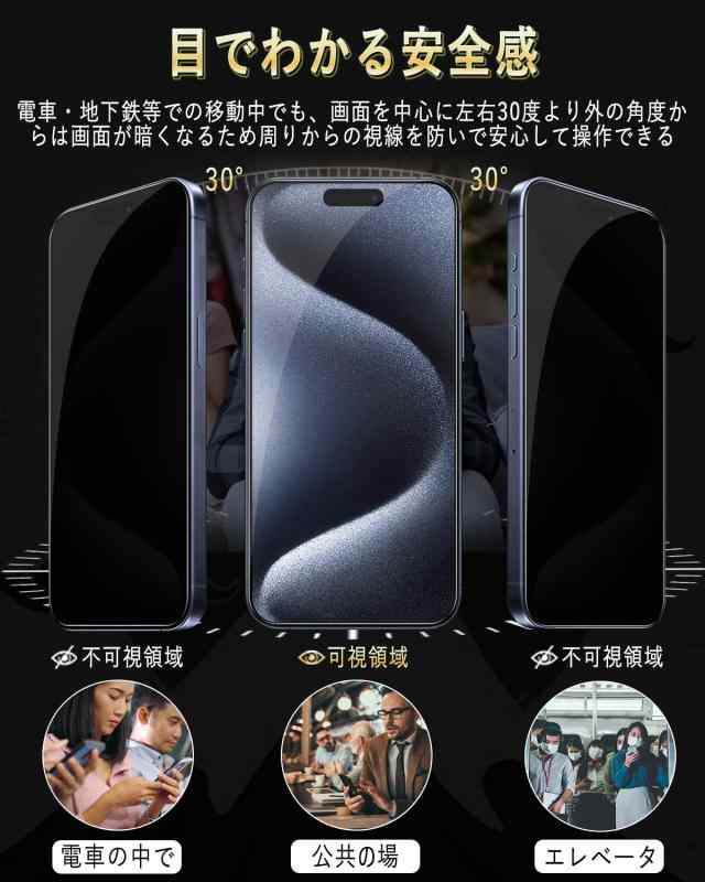 対応 iPhone 15 Pro 覗き見防止 ガラスフィルム 強化 ガラス【のぞき見防止 ガイド枠付き】旭硝子素材製 iPhone 15Pro フィルム 硬度9H スクラッチ防止 飛散防止 撥水撥油 指紋防止 気泡防止 貼付け