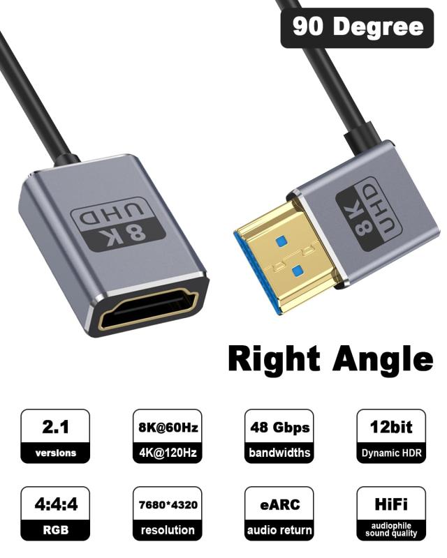 RoothouseStoreのDuttek 8K L字HDMIオスからメス延長ケーブル超薄型同軸右向きHDMI 2.1 オスメスケーブル (48Gbps 8K@60Hz、4K@240Hz) ダイナミックHDR、eARC、GH5S、PS5、PC対応 30cm｜アングル2