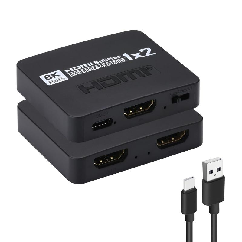 J-Wonlyus 8K@60Hz HDMI 分配器 1入力2出力 4K@120Hz 音声 ビデオ 同時出力 HDMI 2.1 スプリッター 付き 3D 1080p 拡張モードなし PS3/4/5、HDTV、ROKU 4、VCD/DVD プレーヤー、PC