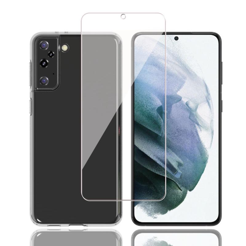 対応 Galaxy S21 Plus 5G SC-02B SCG10 用の ケース ガラスフィルム 日本旭硝子製 フィルム 強化ガラス 硬度9H 高透過率 飛散防止 指紋防止 気泡ゼロ 自動吸着 貼り付け簡単 【柔軟 TPU カバー 全透明