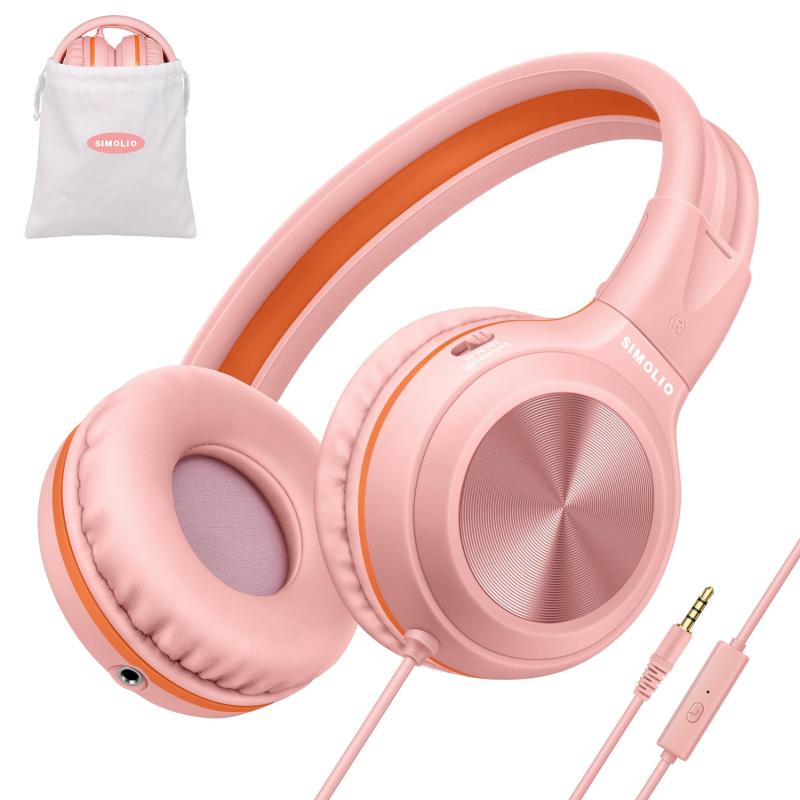 SIMOLIO ガールズ 有線ヘッドフォン マイク付き 85dB 94dB 104dB 音量制限 折りたたみ式 軽量ヘッドセット シェアジャック&amp;バッグ付き 子供 学校ブレット ノートパソコン PC 904P