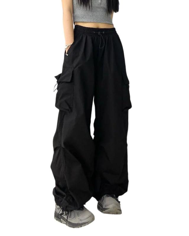 [MTUIOY] カーゴパンツ レディース ワイドパンツ カジュアル オシャレ 薄手 無地 ズボン ゆったり 大きいサイズ 4-Black-M