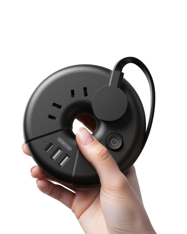 延長コード 短い 旅行 薄型プラグ 丸形 電源タップ usb付き 巻き取り式 3個AC口 1USB-Cポート 2USB-Aポート タコ足配線 たこあしコンセント 分岐 出張 0.85m ブラック NTONPOWER
