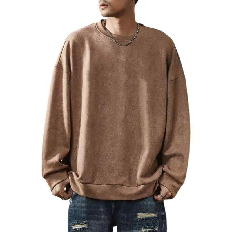 [Yeagio] メンズトレーナー 秋服 スエード ビッグシルエット 無地 トレーナー 大きいサイズ 長袖Tシャツ レトロ スウェット プルオーバー ゆったり カジュアル クールネック 冬服 春服 トップ