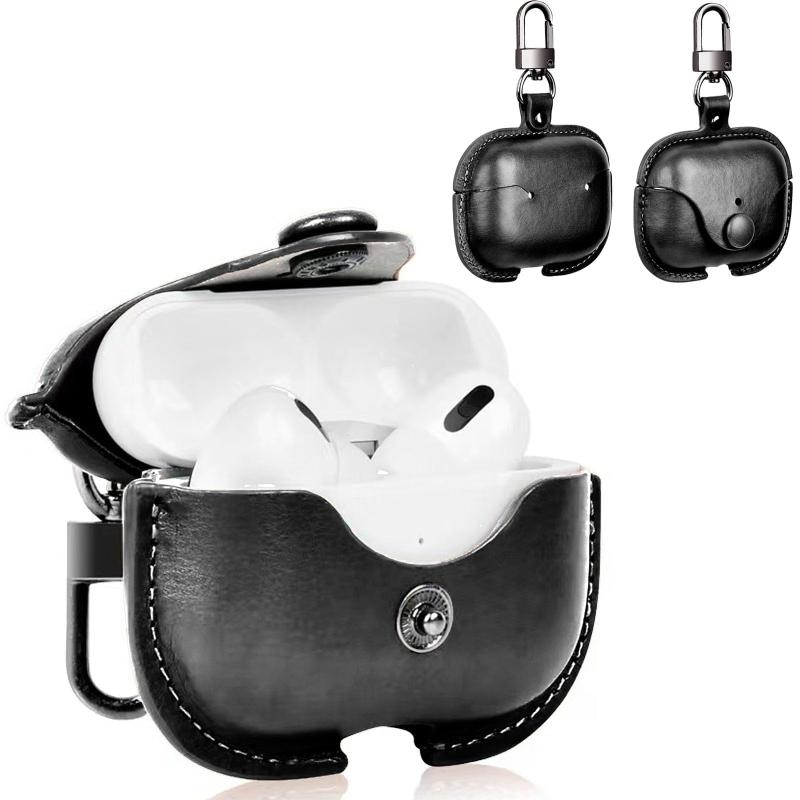 UIUIKA For Airpods Pro 2 用 ケース(2023/2022)エアーポッズプロ2 ケース本革 PU革 AirPods Pro 2 レザーケース カバー 落下防止 耐衝撃 LEDライト可視 持ち運びに便利(ブラック)
