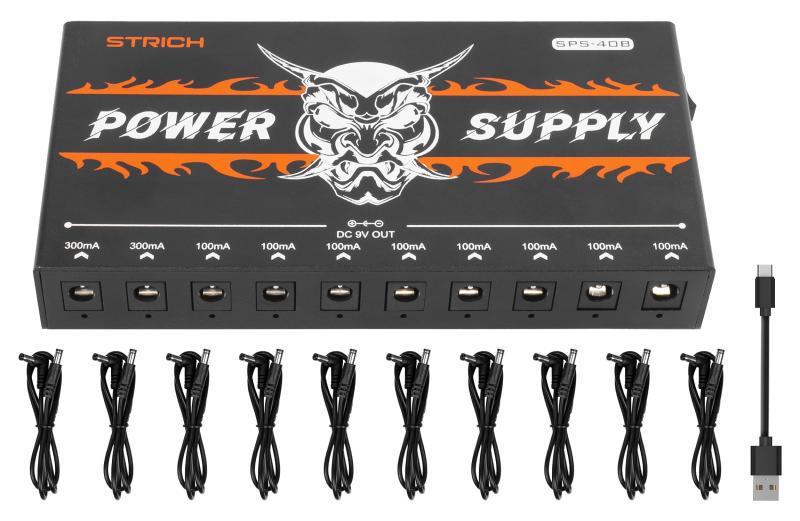 STRICH エフェクター電源 充電式 パワーサプライ 10000mAh 大容量 ノイズレス 10出力 (9V 300mA×2 / 100mA×8) 5V USBポート搭載 ギター ベース ペダル用 独立動作 SPS-40B