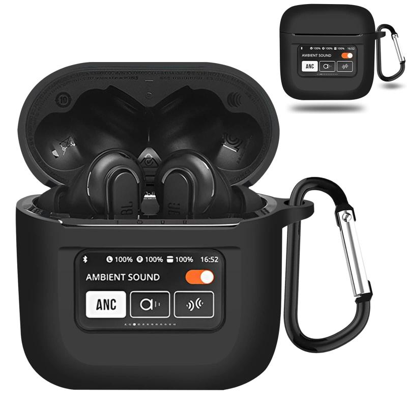 YAODLE JBL TOUR PRO 2 ケース 対応 JBL TOUR PRO 2 専用保護カバー 液状シリコン保護ケース 耐衝撃性 防水防塵 軽量小型 紛失防止 装着充電可能 男女兼用 カラビナ付き(ブラック)