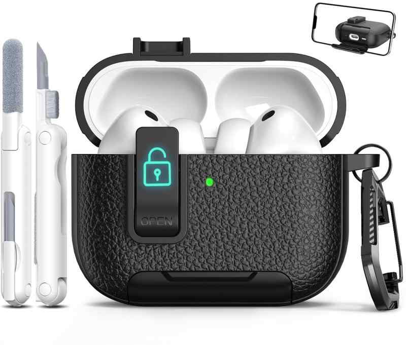 MHYALUDO AirPods Pro 第3世代対応ケース（ロック機構付き）、レザー調TPU素材、防...