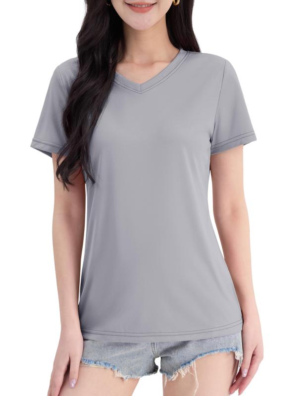 [TACVASEN] スポーツウェア レディース 半袖 V首 tシャツ 速乾 ショートスリーブ UVカット 作業着 アウトドア 登山tシャツ トレニングウェア 夏服 ライトグレー 3XL