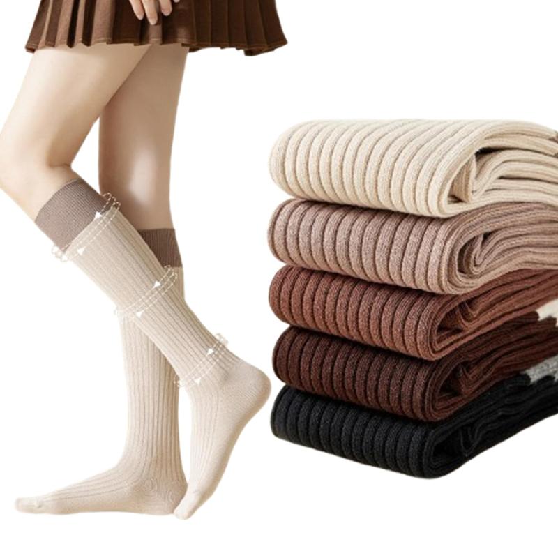 [Ech.Apr] ハイソックス レディース 5色5足セット 切り替え ひざ下 靴下 コントラスト おしゃれ ロングソックス 通気性 抗菌 綿 ロング