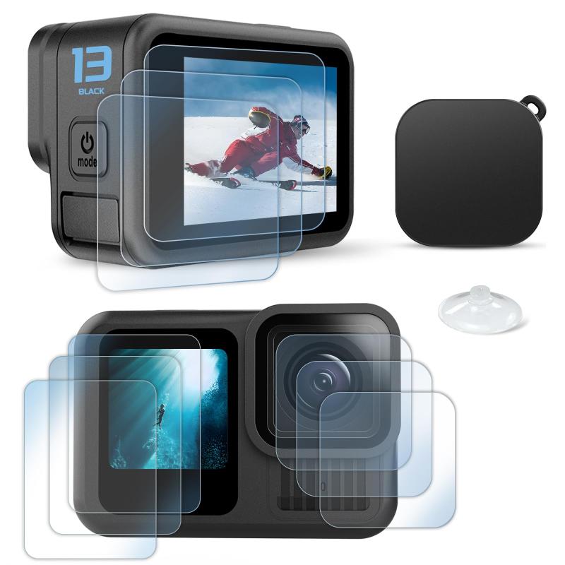 FitStill 強化ガラスフィルムセット【9枚】 に適用Go Pro Hero 13 Black アンチスクラッチ | メイン画面用3枚 + サブ画面用3枚+LED保護フィルム3枚+シリコンレンズ保護カバー1枚