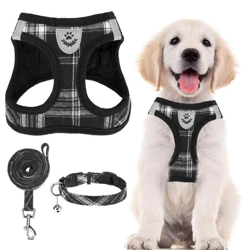 PUPTECK 犬 ハーネス リード セット 犬用 胴輪 ソフト マジックテープ付き 反射素材付き ペット用品 はーねす 引っ張り防止 抜けない 喉に優しい 調節可能 着脱簡単 軽量 メッシュ 快適 通気