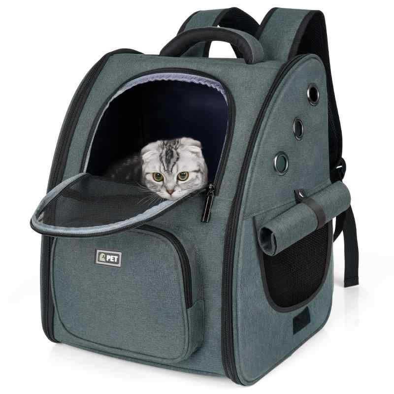 Rakuten - Tresbro 最新型 犬 猫 リュック カーテン付きの ペットキャリー 折り畳み式 きゃりーバッグ 小型犬・小動物用 旅行/通院/災害避難に最適 お出かけ バッグ ダークグレー