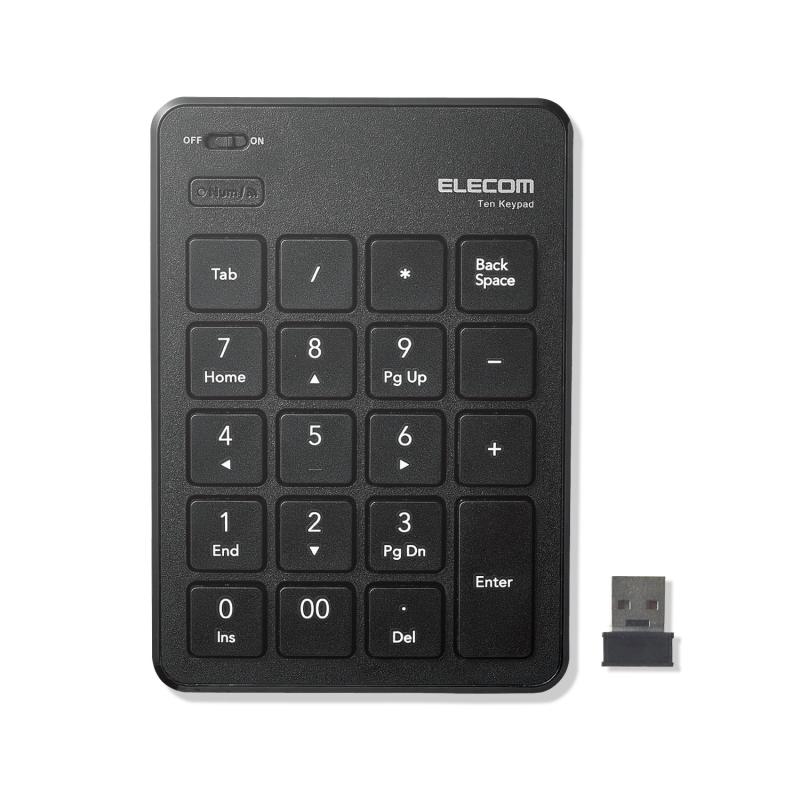 エレコム USB-A テンキー ワイヤレス(レシーバー付属) パンタグラフ 薄型 ブラック TK-TDP019BK最薄部がわずか6.5mmの薄型設計で、場所を選ばずに使用できる無線薄型テンキーパッドです。キータイプにはノートパソコンのキーボードと同じ軽い力で打鍵できる「パンタグラフ方式」を採用しています。キートップ下に鉄板を内蔵することで、しっかりとした打ち心地と安定感を実現しています。コンパクトながら打鍵しやすいキーピッチ19mmを採用しています。キーそれぞれが独立した「アイソレーション設計」により、長い爪も引っかかりにくく、快適なタイピングを実現します。