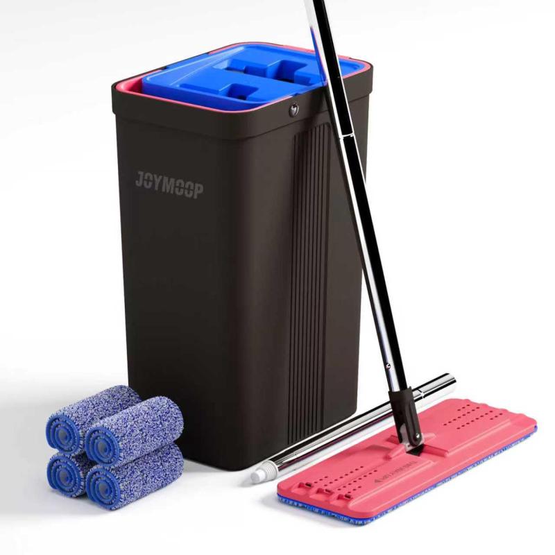 JOYMOOP モップとバケツ 絞り器セット付き ハンズフリー フラットフロアモップとバケツ 洗えるマイクロファイバーパッド4枚付き 乾湿両用 フロアクリーニングシステム - ブラック+レッド+ス
