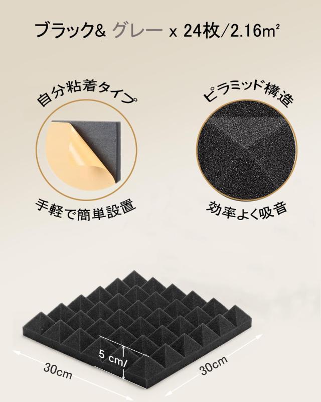 吸音材 【剥がして貼るだけ】 防音材 30 x 30 x 5cm 24枚 極厚 高密度 ウレタンフォーム 吸音スポンジ 吸音パネル 壁・天井用 防音対策 騒音対策 回声低減 難燃 録音室 楽器演奏 在宅ワーク 模様 root-house-10154460 RoothouseStore サンプル画像2