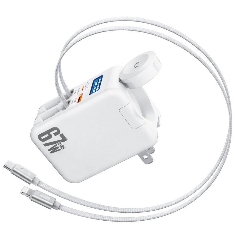 Hatalkin 5-in-1 巻き取り式充電器（アップルウォッチ対応）、67W GaN USB-C高速充電ブロック（ライトニングケーブル＆type Cケーブル＆2ポート付き）、ポータブル多ポート充電器（i-Phon