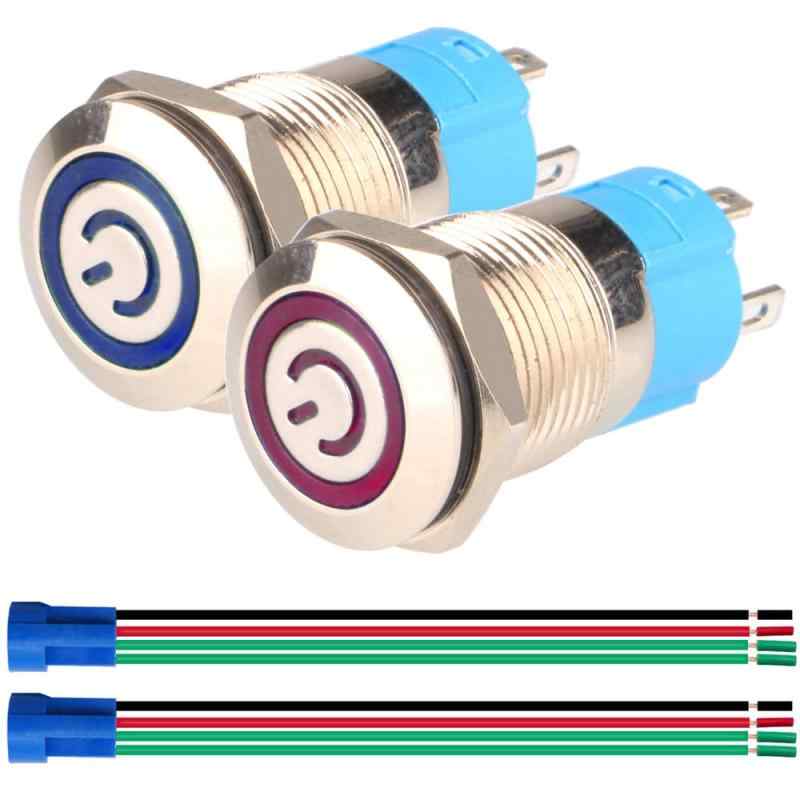 Gebildet 12mm 12V-24V 3A LED SPST ステンレス製ラッチングセルフロッ 押しボタンスイッチノーマルオープンオンオフ防水トグルスイッチ（ワイヤーソケットプラグ付き）（青色/赤LED）