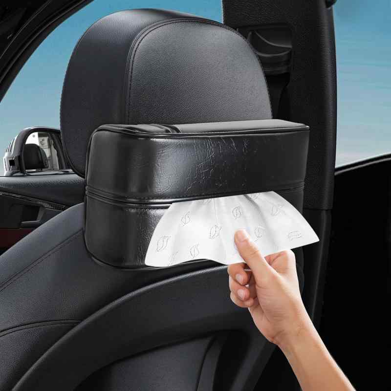 Rakuten - 車 ティッシュケース 車用ティッシュホルダー 高级PUレザー 厚型 車載 ティッシュ 立体感 大きいサイズ カー用品 便利グッズ 車内装飾 取り付け簡単 カーアクセサリー (ブラック,ロゴなし) [