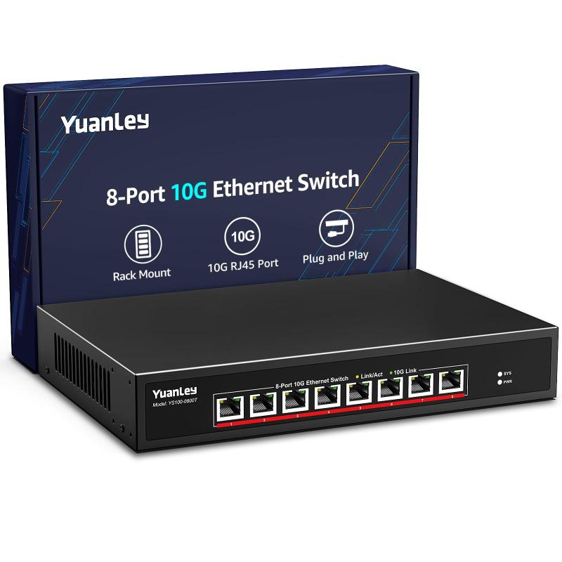 YuanLey 8ポート 10G イーサネットスイッチ｜8×10Gbps RJ45｜10G/5G/2.5G/1G/100Mbps 自動ネゴシエーション｜スイッチング容量160Gbps｜アンマネージド｜ラックマウント対応｜プラグ＆プレイ【8ポート 10Gbps イーサネットスイッチ】8×10Gbps RJ45ポートを搭載したマルチギガ対応スイッチ。各ポートは 10G / 5G / 2.5G / 1G / 100Mbps の自動ネゴシエーションに対応し、高速・安定したネットワーク環境を実現します。【スイッチング容量 160Gbps】最大 160Gbps のスイッチング容量により、従来のギガビットスイッチと比べて大幅に高速なデータ転送が可能。大量のトラフィックもスムーズに処理できます。【アンマネージド・プラグ＆プレイ】設定不要のアンマネージドスイッチ。電源とLANケーブルを接続するだけですぐに使用可能。初心者から業務用途まで幅広く対応します。【安定動作・静音設計】耐久性の高いメタル筐体を採用。4KV雷保護対応、約24dBの静音冷却ファン搭載。両側通気設計により 動作温度 0～45℃ の安定運用が可能です。LEDインジケーターで接続状態を一目で確認できます。【設置自由・幅広い用途】19インチラックマウントおよびデスクトップ設置に対応。NAS（2.5G/5G/10G）・サーバー・WiFi 6 AP・PCIe LANカード・8K映像編集・ゲーミングPC など、さまざまな用途に最適です。【対応規格・推奨ケーブル】IEEE 802.3 / 802.3u / 802.3ab / 802.3bz / 802.3x / 802.3cb 対応。100Base-TX：Cat5以上（～100m），1000Base-T / 2.5G / 5G：Cat5e以上（～100m），10GBase-T：Cat6（～55m）／Cat6a以上（～100m）