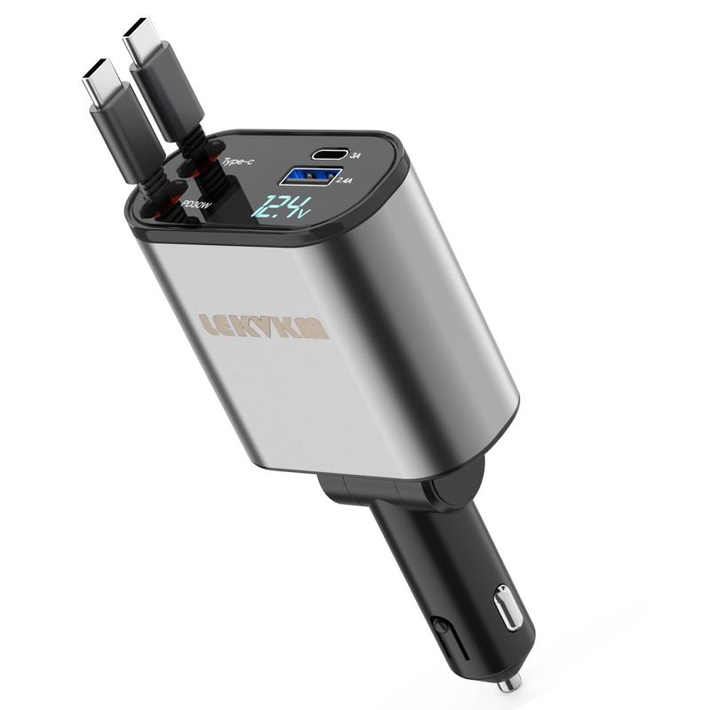 【巻き取り式 2ポートType-C】LEKVKM 車 充電器 シガーソケット USB 急速充電器 4...