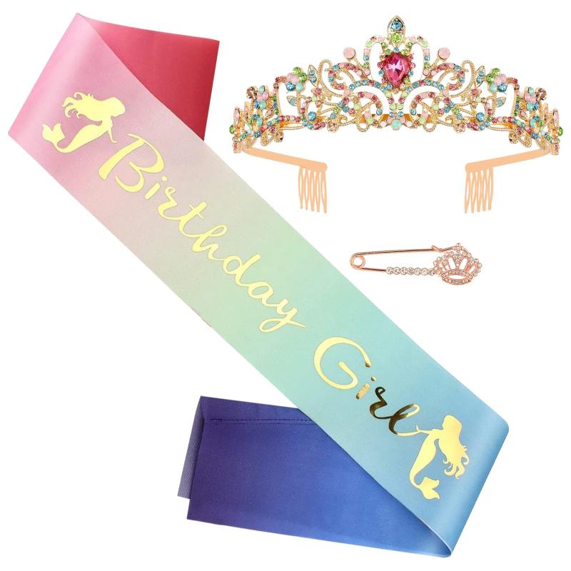 Rakuten - HUAZONTOM 誕生日 王冠 たすき ブローチ 3点セット 「BIRTHDAY GIRL」 宝石 ティアラ パーティーグッズ 誕生日カチューシャ パーティーハット バースデー 飾り 女の子 おしゃれ ゴールド カラフル
