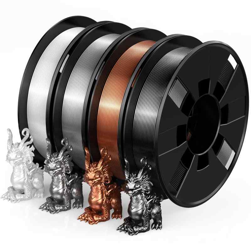 Entina PLA フィラメント 1.75mm シルク調 4色セット、FDM 3Dプリンター用 高光沢、寸法精度±0.02mm、200g×4巻 マルチカラー材料（シルク調-白／黒／銀灰／赤銅）