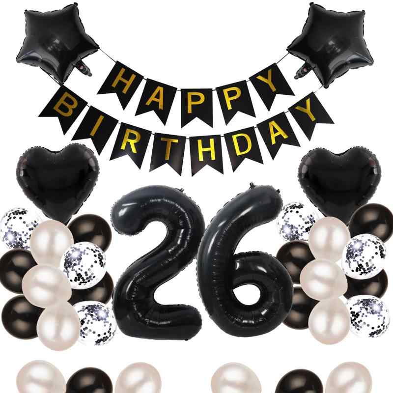 Rakuten - 26歳 誕生日 バルーン 風船 飾り付け セット 数字バルーン 26 HAPPY BIRTHDAYガーランド ハート風船 紙吹雪風船 バースデーバルーン 大人 男の子 女の子 ブラック