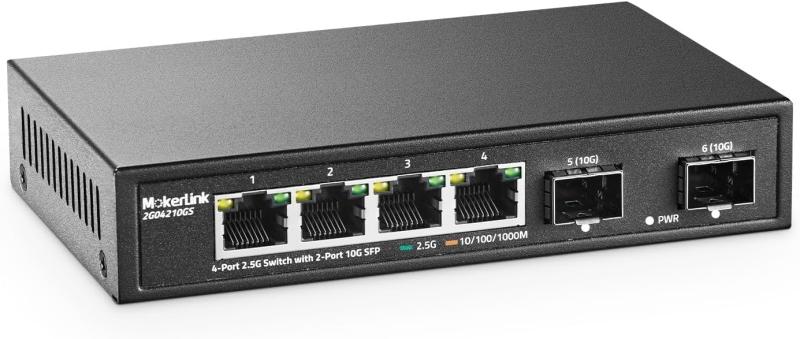 MokerLink 4ポート2.5Gイーサネットスイッチ、2x10G SFP、4 x 2.5Gigabit Base-Tポート、10/100/1000Mbps対応、メタル製アンマネージドファンレスネットワークスイッチ