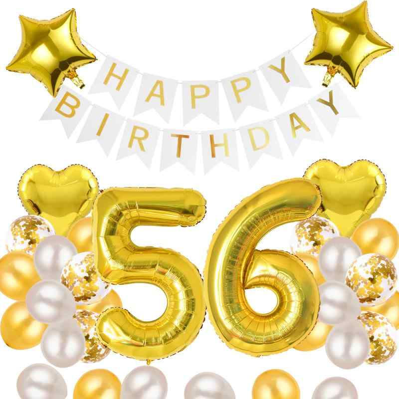 56歳 誕生日 バルーン 風船 飾り付け セット 数字バルーン 56 HAPPY BIRTHDAYガーランド ハート風船 紙吹雪風船 バースデーバルーン 大人 男の子 女の子 ゴールド【仕様】： happy birthday　ガーランドx1 ハートheart風船x2（18インチ） 星star　風船x2（18インチ） 風船x20（各セット色別） 吹雪風船x6（各セット色別） 数字風船（サイズ約80cm）1枚ご自由選択（各セット色別） 付属品：専用テープ100点、リボンx1【初心者でも飾れる】 ・誕生日のお祝いに初心者でも簡単に飾れるバルーンガーランドセット、リボン、空気入れなどの便利アイテム付き、さらに、2カラー風船20枚、紙ふぶきが入った吹雪風船6枚付き、バルーンの種類が豊富だからお部屋を豪華に飾れます。 【3カラー選べる】 大人好きなキラキラゴールド、 女の子に人気可愛いピンク、 間違ってなくカッコイイブラック、 様々なバルーンとガーランドも合わせて、 3種類セットが豪華グラデーションが選択可能なります。【インスタ映え、SNS映え間違いなし】 ハート、スタールーンはどれもかわいい 45cmと大きめサイズですので、いろいろな飾り方ができます。 背景を変えるだけで誕生日におしゃれなパーティーや思い出深い、記念日撮影が可能になります。 インスタでも、赤ちゃんから大人まで、写真映えのする演出で、主役をもっと満足することでしょう。【ご好きな数字バルーン選べます】 人気の英数字バルーンが選べるので男女問わず0歳から9歳まで使えるのがGOOD お誕生日はもちろん、撮影会、女子会にもぴったり。 お部屋があっという間にお祝いモードに。 大切な記念日やイベントを、華やかに盛り上げてくれます【お誕生日お祝いでバー、店舗等に気】 誕生日パーティー、特別な記念日、お祝意事行事等で、自宅、御部屋の飾りやインテリア、お店の飾りつけなどに運用します。
