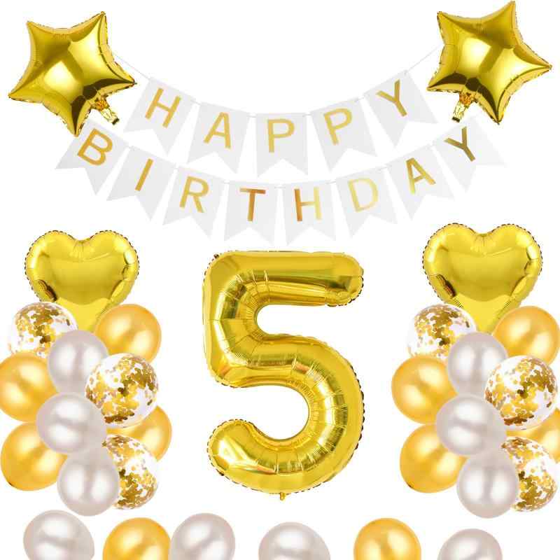 Rakuten - 5歳 誕生日 バルーン 風船 飾り付け セット 数字バルーン 5 HAPPY BIRTHDAYガーランド ハート風船 紙吹雪風船 バースデーバルーン 大人 男の子 女の子 ゴールド