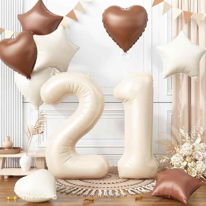 Rakuten - 誕生日 バルーン 風船セット 飾り付け 21歳 大きい数字 ナンバー21 ハート 星 スター アルミ風船 10個セット バースデー 飾り 記念日 お祝い パーティー 女の子 男の子 くすみホワイト