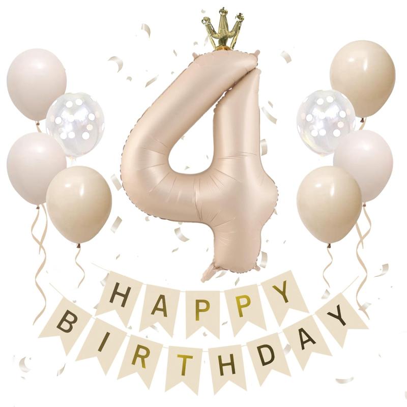 Rakuten - Iysoll 4歳 誕生日 バルーン セット 王冠付き 数字 バルーン 90cm 大きい ナンバーバルーン くすみカラー 誕生日 飾り付け 風船 男の子 女の子 4 キャラメル