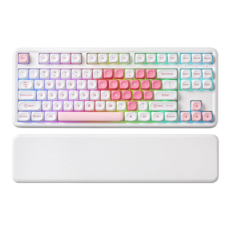 YUNZII B87 ワイヤレスメカニカルキーボード ゲーミングキーボード BT5.0/2.4G/USB-C NKRO QMK/VIAソフトウェアカスタム MOAキーキャップ ガスケット RGB リストレスト Win/Mac用 (ホワイト, ハートミルクV2スイッチ)