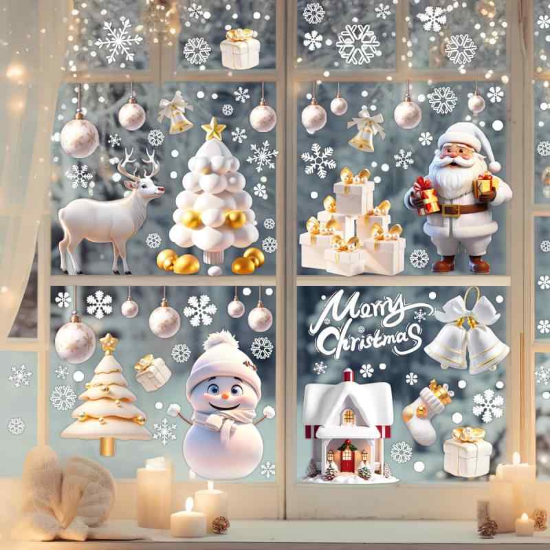 Rakuten - YULOONGクリスマスの静電気ステッカー サンタクロースクリスマスツリー雪だるま スノーフレーク白鹿DIYドアと窓の壁画ステッカー動くことができる