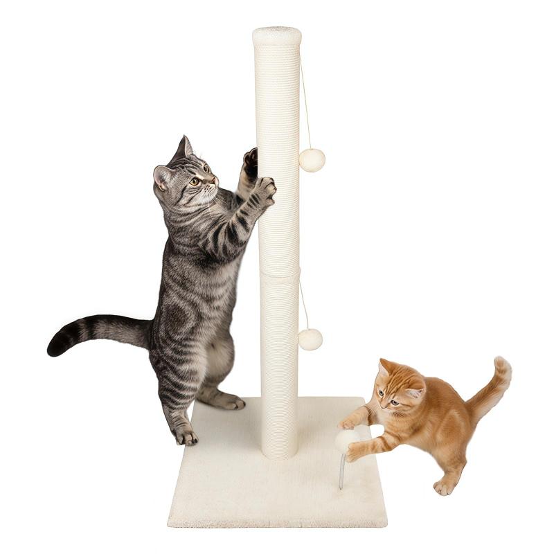 OYANTEN 猫 おもちゃ 爪研ぎ つめとぎ ポール レギュラー 40x40x85cm三つボール縦に配置：立てた猫爪とぎポールは、猫が立って使うことも趴めて使うことも可能。さらに2つのボールをそれぞれのポールに設置し、1つののボールは台座に設置しているので、猫の興味を引き寄せ、猫ちゃんも自分の気分に合わせておもちゃを選べます。安定感のある台座で、猫がどんなに遊んでも倒れにくい設計です。高品質おしゃれ・耐久：本品は高品質な天然麻を使用しています。全体はおしゃれな見た目だけでなく、適度な硬さで猫の爪を傷つけず、高い耐久性も備えています。台座の表地が上質なモヘアで包まれ、触り心地が良い。完全に无害な材料で、爪とぎとしても噛むおもちゃとしても安全で使用いただけます。リラックス・運動：遊びながらストレスを解消し、適度な運動にもなります。つめとぎ欲求を満たすだけでなく、日常の運動やリラックスにも役立ちます。登ったり、爪を研いだり、遊んだりすることで、エネルギーを発散し、ストレスを和らげ、家具を守りながら健康で楽しい毎日をサポートします。組立簡単・コンパクト設計：女性の方でも一人で組立と分解が可能。交換可能な設計により長く愛用いただけます。コンパクト設計（設置面積40×40cm）で、小型且つ縦置き型なので、場所をとらず省スペースで利用でき、ワンルームの方でも安心できます。窓側、部屋の隅、ソファーの横、ベランダなど気軽に置かれる猫爪とぎポールです。本品はM8ネジに対応しております。交換される場合はネジの規格にご注意くださいね。仕様参考：手作業で測っているので、若干の誤差は許容範囲とさせて頂いております。台座：2cm高、40cm幅、40cm長、重量：1.95kg。単体猫爪とぎポール：M8ネジ使用、40cm高、7cm直径、重量0.35kg。組み立て後全体85cm高、40cm幅、40cm長、重量2.85kg。本品は全年齢の猫を対象としていますが、爪の硬さが低すぎるの子猫のご使用にはご注意ください。天然素材で安全：天然麻と柔らかな高級長毛フランネルを採用しており、猫がどんなに遊んで爪を研いだり、かじったりしても安心です。麻素材は屑が出ず、硬さも適度で猫の爪を傷つけることがなく、同時に非常に耐久性と耐摩耗性に優れています。