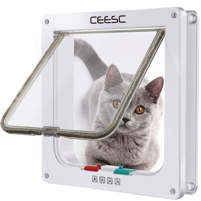 CEESC 4WAY ペットドア 小型 犬 猫 ペット出入り口 ドア 勝手口 扉 冷暖房対策 語取扱説明書付き (ホワイト, Large)サイズ：S：20*19.2*1.5cm 　M:20*19.2*5.5cm 　L:25*23.5*5.5cm 重量：S：280g　M:367g　L:496g （ご注意：Sサイズはガラスドアと薄い扉に対応でき、厚いドアに取り付けることはできません）おうちのネコちゃんや小さめのワンちゃんが自由に出入りできるペット用ドアです。一方通行（外出のみ/進入のみ）、通行自由、通行禁止の4種類の設定が可能です。壁やドアに穴を開けて取り付けるタイプです。間に挟むドアの厚さは、3cm程度が適当ですが、厚い場合は長いビスを用意して挟めば利用は可能です。