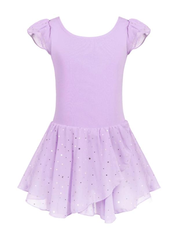 [Arshiner] バレエ レオタード 子供 肩フリル袖 バレエ 衣装 Uネックバック シフォンスカート付き 綿生地 無地 ダンススカート ジュニア キッズ 新体操 体操服 レッスン 教室 練習着 発表会 試