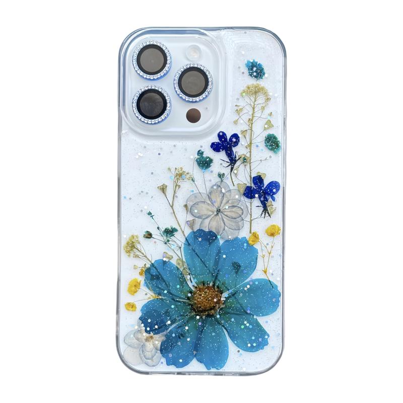 CrazyLemon 対応 iPhone 16 ケース クリア iPhone 16 ケース 可愛い 花柄 薄型 軽量 透明 ソフト TPU シリコーン アイフォン16 スマホケース ゴム製 保護カバー お洒落 綺麗 美しい ブルー 本物の花 花び