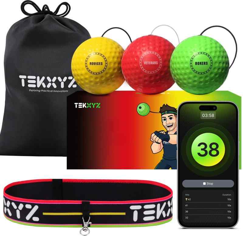 TEKXYZ パンチングボール リフレックスボール 3球セット アプリ連動トレーニング対応 APP連動 コミュニティ機能 ボクシング 反応速度・動体視力・リズム感 初心者〜中級者向け 自宅で簡単エ