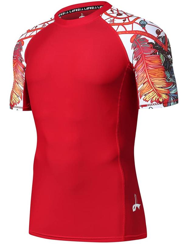  高機能 メンズ オールシーズン 半袖 コンプレッションウェア ラッシュガード 競泳水着 -CLY02 Red Fire Size LG