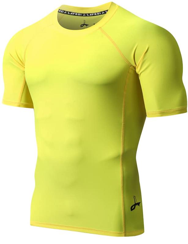  高機能 メンズ オールシーズン 半袖 コンプレッションウェア ラッシュガード 競泳水着 -CLY02 Sym Yellow Size LG