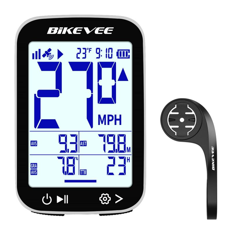 Bikevee GPS ワイヤレス 自転車用スピードメーター サイクルコンピューター 自動スタートストップ 自動バックライト 防水 走行距離計 MPH KM/H 2.4インチFSTN段式ディスプレイ アウトフロント延長(1) 28時間ロングバッテリー駆動・英語対応 - 650mAh充電式バッテリーにより、最大28時間の連続使用が可能。長距離ライドや通勤・週末サイクリングでも安心して使用できます。本体の表示は英語対応です。(2) 見やすい2.4インチFSTN段式ディスプレイ＆自動バックライト - 明るくクリアな2.4インチFSTN段式ディスプレイで、速度、距離、走行時間、温度、勾配、累積上昇距離などを一目で確認可能。周囲の明るさに応じて自動バックライトが点灯します。(3) 自動スタート／ストップで操作いらず - 走行開始と同時に自動で計測を開始し、停止時には自動で一時停止。ボタン操作の手間がなく、初心者でも簡単に使えます。(4) GPS測位によるワイヤレス走行計測 - GPS測位により現在速度、平均速度、最高速度、走行距離、走行時間、高度を正確に計測。配線不要のワイヤレス設計で、ハンドル周りをすっきり保ちます。(5) IPX7防水＆アウトフロント延長マウント付属 - IPX7防水仕様で雨天でも安心。アウトフロント延長マウント、六角ネジ、六角レンチ、スポンジ、USB-C充電ケーブルが付属し、ハンドル前方に取り付け可能で視認性が向上します。本体サイズ：70×45×16 mm、重量：約50g。