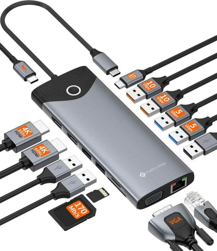 NOVOOUSB-Cドッキングステーション15-in-1トリプルディスプレイ対応30cmケーブル付きUSB-CハブHDMI/DP/PD100W/USB3.2/SDカード/有線LANポート搭載ノートパソコン拡張用
