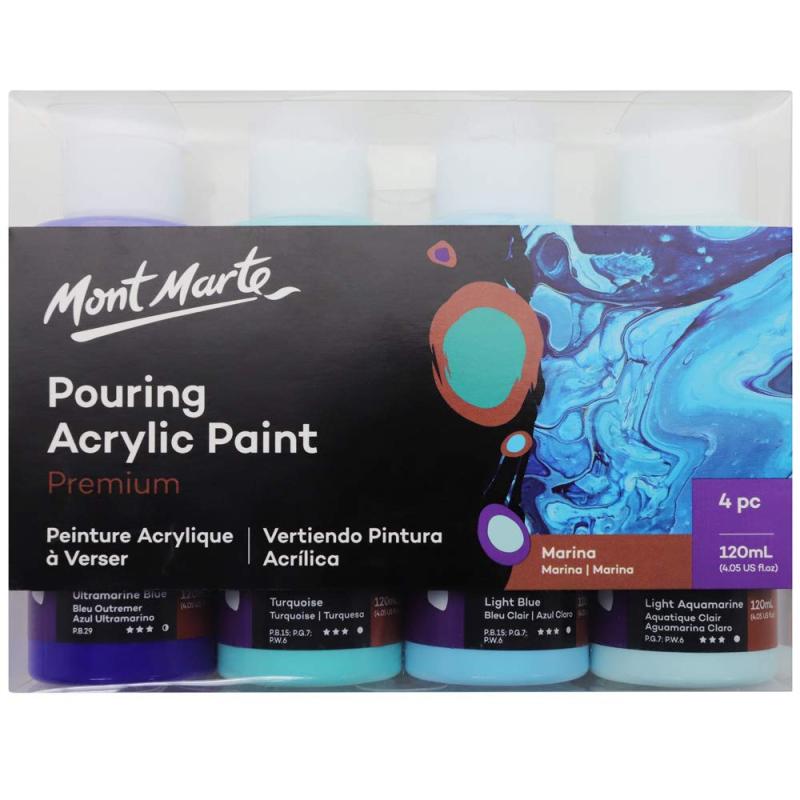 Mont Marte アクリルポーリング絵具セット 海洋色 注ぎ塗料 Pouring Acrylic Set 4 x 120ml ペイン ミックス済み Premixed キャンバス 木材 中密度繊維板 空気乾燥粘土など様々な表面に適用