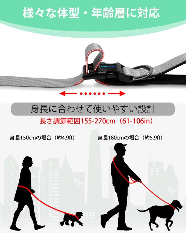 RoothouseStoreのWANFIRE ハンズフリー 犬用リード 1.5-2.7m 多機能 クロスボディ 調節可能ウエストベルト 散歩・ランニング・ハイキング用 (GreyGreen 5-8.8ft)｜アングル2